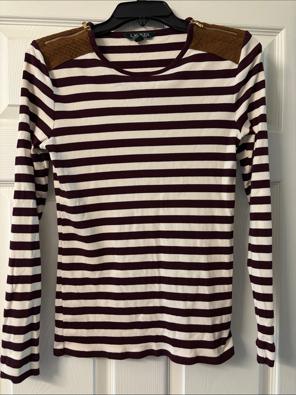 Lauren Ralph Lauren Burgundy and Cream Striped Crewneck Top